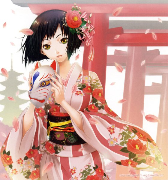 Anime picture 1515x1622 with original pixiv girls collection miogrobin single tall image looking at viewer short hair black hair white background green eyes yellow eyes japanese clothes hair flower wind floral print silhouette girl hair ornament ribbon (ribbons) hair ribbon