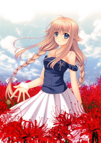 Anime picture 2126x3000 with original nishimata aoi single long hair tall image looking at viewer blush highres blue eyes blonde hair braid (braids) scan girl dress flower (flowers) higanbana