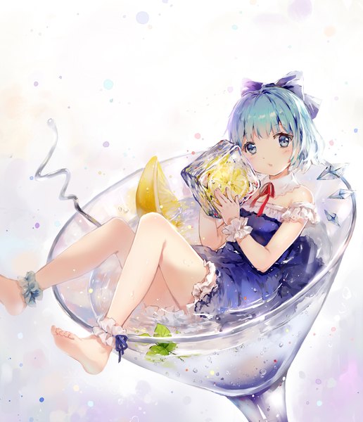 Anime picture 1800x2092 with touhou cirno nosaki (artist) single tall image looking at viewer blush fringe highres short hair blue eyes blue hair barefoot girl dress bow hair bow fruit ice cocktail glass