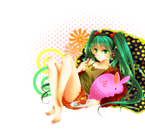 Anime picture 1800x1600 with vocaloid hatsune miku kyashii (a3yu9mi) single long hair highres twintails green eyes barefoot green hair legs girl headphones bunny fork
