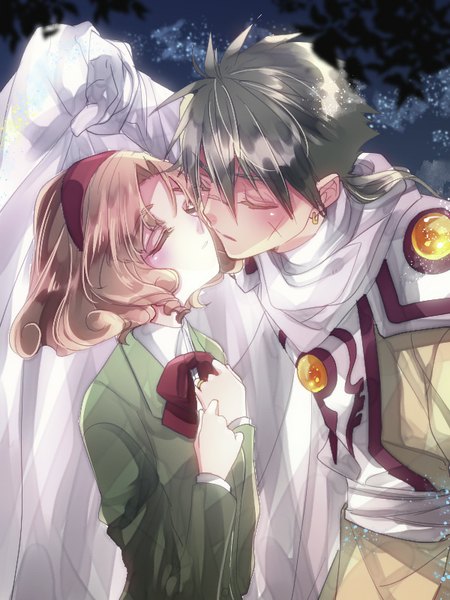 Anime picture 600x800 with magic knight rayearth clamp hououji fuu ferio hanei riri (artist) long hair tall image blush short hair standing outdoors eyes closed night leaning leaning forward drill hair scar almost kiss girl boy