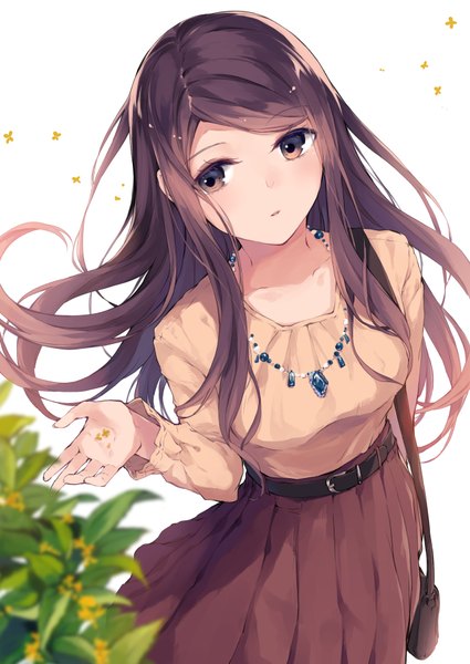 Anime picture 645x911 with original aquariumtama single long hair tall image brown hair brown eyes looking away girl dress flower (flowers) pendant bag