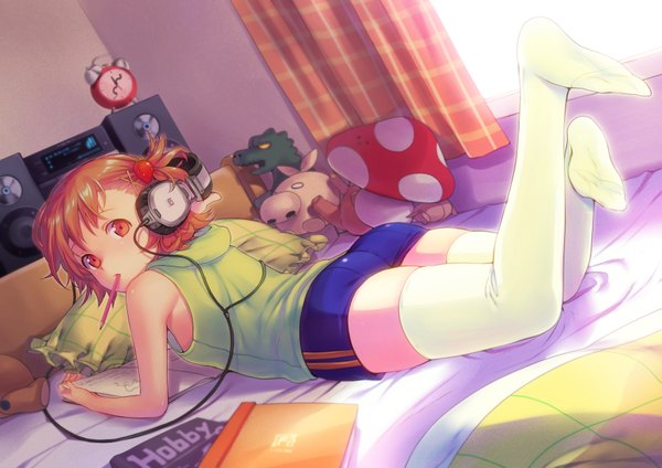 Anime picture 3541x2508 with original aomusi86 (artist) single highres short hair red eyes absurdres looking back orange hair mouth hold girl thighhighs white thighhighs shorts headphones bed toy stuffed animal wire (wires) mushroom (mushrooms)