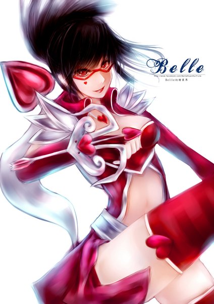 Anime picture 835x1181 with league of legends vayne (league of legends) belle (artist) single tall image short hair black hair simple background red eyes white background valentine girl glasses heart crossbow