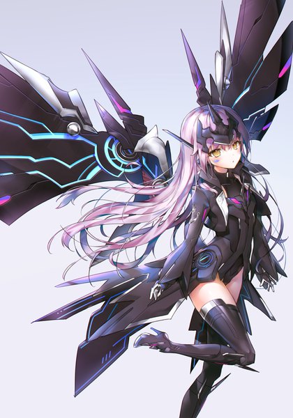 Anime picture 1500x2143 with elsword eve (elsword) code: ultimate (elsword) tanjel single long hair tall image looking at viewer blush fringe open mouth light erotic simple background hair between eyes standing yellow eyes silver hair :o high heels gradient background