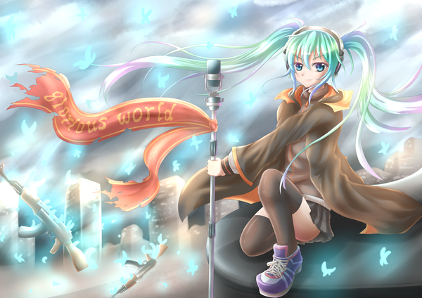 Anime picture 1842x1302 with vocaloid hatsune miku single long hair highres blue eyes twintails aqua hair girl thighhighs weapon black thighhighs gun microphone ak-47