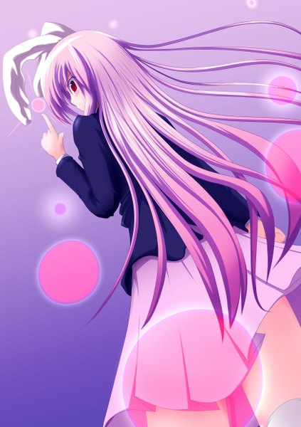 Anime picture 1748x2480 with touhou reisen udongein inaba takashi (harukasaigusa) long hair tall image highres red eyes purple hair looking back bunny ears bunny girl girl skirt miniskirt