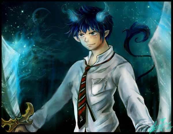 Anime picture 2657x2067 with ao no exorcist a-1 pictures okumura rin single highres short hair blue eyes black hair smile blue hair looking away tail horn (horns) pointy ears glowing boy weapon shirt sword necktie