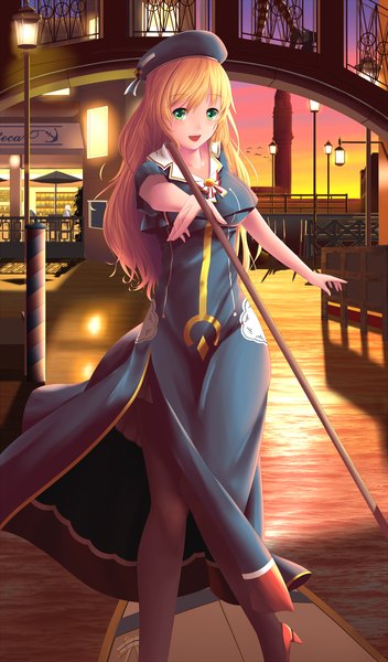 Anime picture 1500x2550 with kantai collection shimakaze destroyer rensouhou-chan atago heavy cruiser chitose seaplane tender haikara udon single long hair tall image blush breasts open mouth blonde hair standing sky aqua eyes evening happy sunset girl
