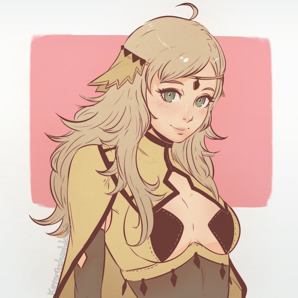 Anime picture 900x900 with fire emblem fire emblem fates ophelia (fire emblem if) koyoriin single long hair looking at viewer blush fringe breasts light erotic simple background smile white background green eyes signed payot cleavage ahoge head tilt
