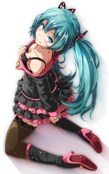 Anime picture 1570x2500 with project diva vocaloid sweet devil (vocaloid) hatsune miku tsukishiro saika single long hair tall image looking at viewer blush fringe breasts light erotic simple background smile hair between eyes white background twintails bare shoulders cleavage