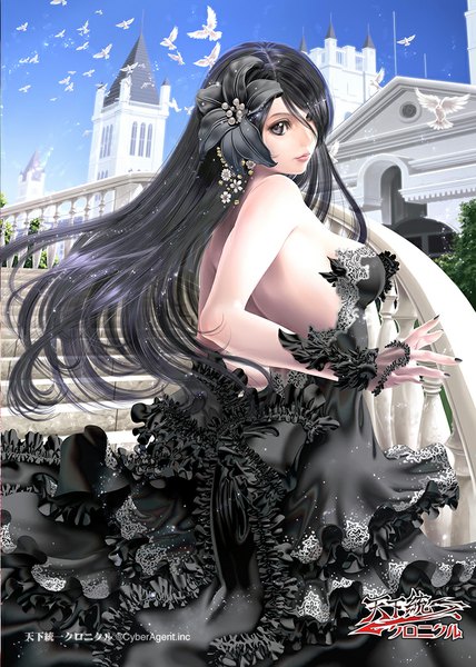 Anime picture 745x1044 with original sumomo kpa single long hair tall image black hair looking back black eyes girl dress hair ornament animal frills bird (birds)