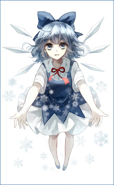 Anime picture 800x1300 with touhou cirno cui (jidanhaidaitang) single tall image looking at viewer fringe short hair open mouth blue eyes white background blue hair from above happy spread arms snowflake print girl dress bow ribbon (ribbons)