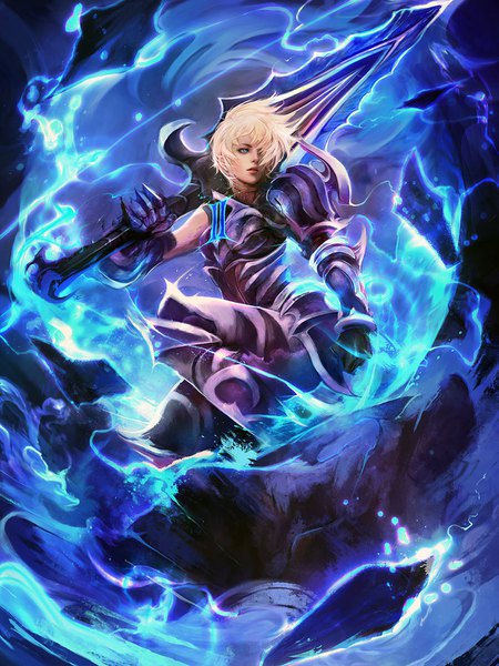 Anime picture 1125x1500 with league of legends riven (league of legends) muju single tall image fringe short hair blue eyes blonde hair sitting holding looking away bent knee (knees) arm up wind lips hair over one eye turning head glowing blue background
