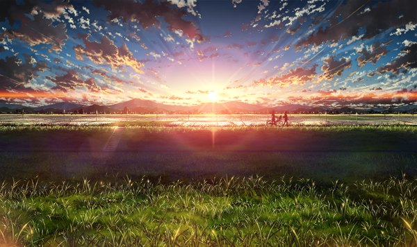 Anime picture 1500x890 with original bokuden wide image sky cloud (clouds) evening sunset horizon mountain landscape walking silhouette field girl plant (plants) grass ground vehicle sun bicycle