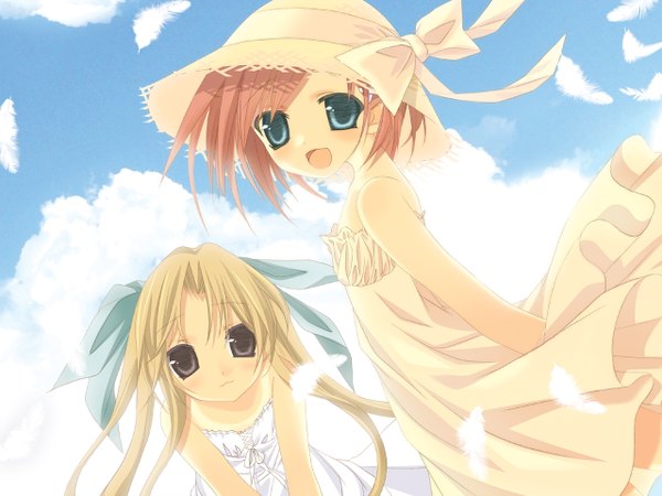 Anime picture 1280x960 with blue eyes blonde hair bare shoulders multiple girls cloud (clouds) black eyes orange hair girl dress ribbon (ribbons) 2 girls hat feather (feathers) straw hat