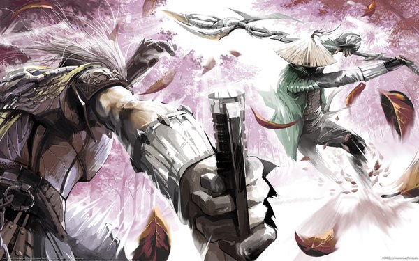 Anime picture 1920x1200 with soulcalibur iii henryz highres wide image signed white hair from behind multiple boys back battle boy weapon plant (plants) tree (trees) armor leaf (leaves) 2 boys