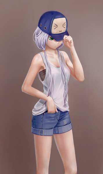 Anime picture 1183x2000 with vocaloid yuzuki yukari aki99 single long hair tall image twintails bare shoulders green eyes looking away silver hair eyes closed low twintails :3 brown background > < girl shorts hair tubes flat cap