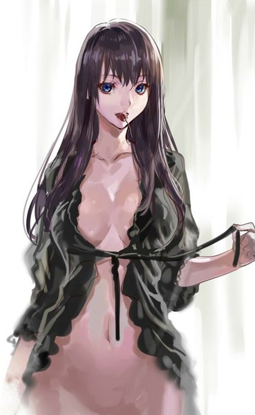 Anime picture 603x980 with original ranou single long hair tall image fringe breasts blue eyes light erotic brown hair large breasts standing holding bare belly mouth hold girl ribbon (ribbons) curtains cherry