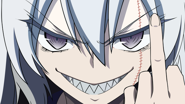 Anime picture 5315x2998 with akuma no riddle banba mahiru drawingshit single long hair looking at viewer fringe highres smile hair between eyes wide image purple eyes absurdres silver hair fingernails teeth portrait scar close-up vector