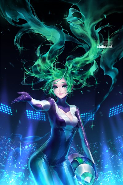 Anime picture 600x900 with league of legends sona buvelle shilin single long hair tall image looking at viewer breasts smile twintails holding green eyes green hair lips outstretched arm girl bodysuit