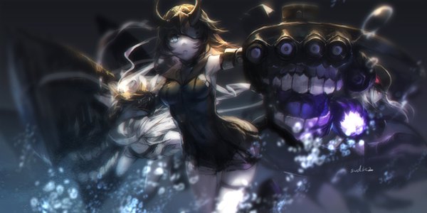 Anime picture 1276x638 with kantai collection light cruiser hime destroyer water oni submarine hime swd3e2 long hair looking at viewer fringe short hair open mouth red eyes brown hair wide image multiple girls signed bent knee (knees) very long hair profile aqua eyes blurry
