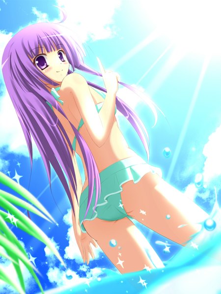 Anime picture 1050x1400 with original angel koman single long hair tall image blush purple eyes purple hair cloud (clouds) looking back girl swimsuit