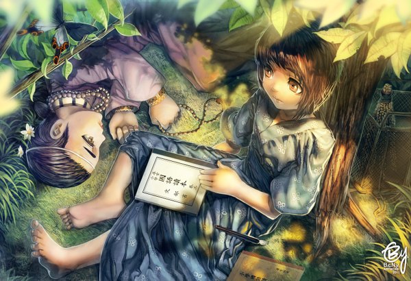 Anime picture 1500x1026 with original b.c.n.y. (bcnyart) short hair black hair brown hair sitting brown eyes signed looking away lying traditional clothes barefoot sunlight hieroglyph girl boy flower (flowers) plant (plants) tree (trees) book (books)