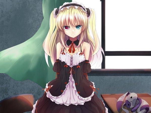 Anime picture 1600x1200 with boku wa tomodachi ga sukunai hasegawa kobato chippucream single long hair blonde hair two side up heterochromia lolita fashion girl dress headdress