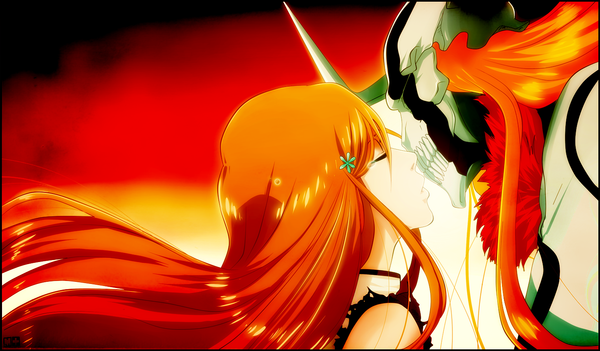 Anime picture 1456x852 with bleach studio pierrot kurosaki ichigo inoue orihime m-i-s-t-i-k-a long hair wide image eyes closed profile horn (horns) orange hair almost kiss girl boy mask teardrop