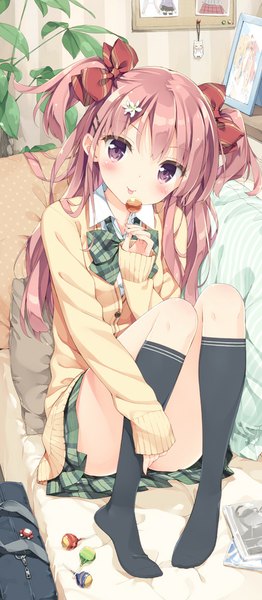 Anime picture 437x1000 with original kani biimu single long hair tall image looking at viewer blush light erotic sitting purple eyes twintails pink hair no shoes plaid skirt girl skirt uniform hair ornament bow hair bow