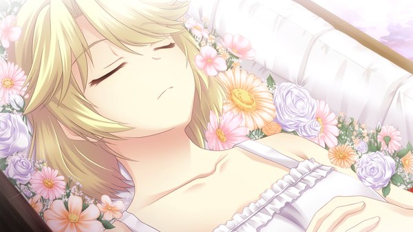 Anime picture 1024x576 with tokyo babel short hair blonde hair wide image game cg eyes closed girl flower (flowers) coffin