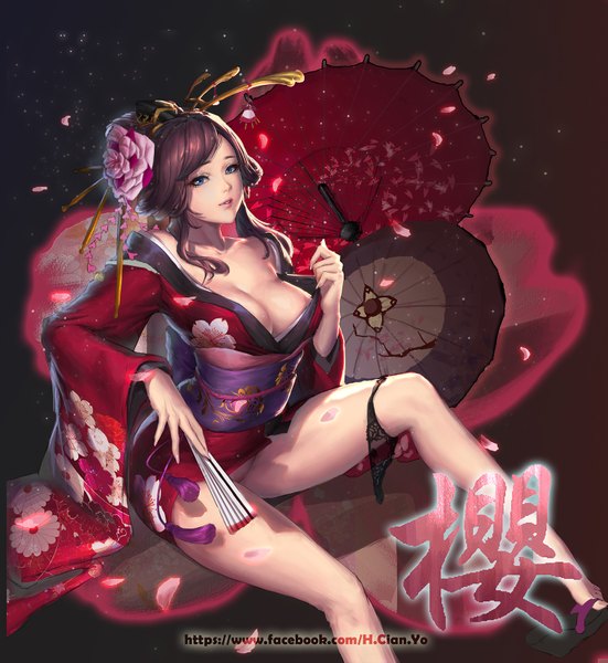 Anime picture 1505x1640 with cian yo single long hair tall image looking at viewer fringe breasts blue eyes light erotic simple background brown hair large breasts sitting bare shoulders holding bent knee (knees) long sleeves traditional clothes japanese clothes hair flower