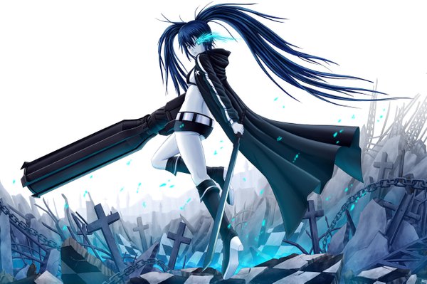 Anime picture 1280x853 with black rock shooter black rock shooter (character) ryuthat single long hair looking at viewer blue eyes light erotic simple background twintails holding blue hair open clothes open jacket glowing glowing eye (eyes) checkered floor glowing weapon broken arm cannon
