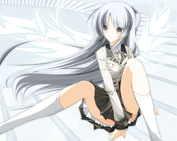 Anime picture 1200x954 with angel beats! key (studio) tachibana kanade souyoku (artist) single long hair white hair grey eyes girl uniform school uniform wings socks white socks