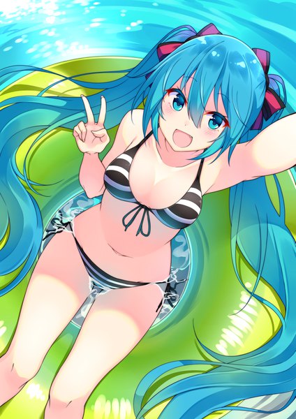 Anime picture 2893x4092 with vocaloid hatsune miku suruga (xsurugax) single tall image looking at viewer blush fringe highres open mouth light erotic hair between eyes twintails very long hair :d arm up aqua eyes from above aqua hair lens flare
