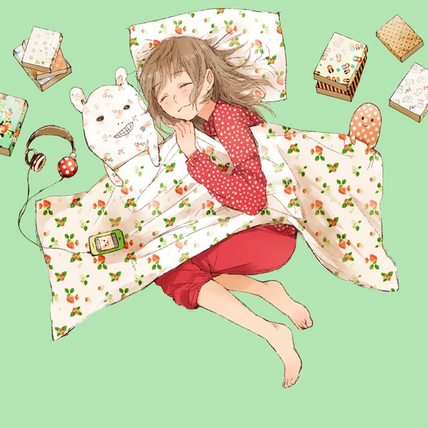 Anime picture 1000x1000 with original skirtlifting single long hair blush brown hair lying eyes closed barefoot light smile sleeping polka dot green background girl headphones pillow book (books) toy stuffed animal toes