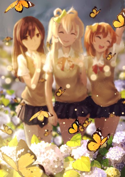 Anime picture 900x1273 with love live! school idol project sunrise (studio) love live! minami kotori sonoda umi kousaka honoka ttk (kirinottk) long hair tall image blonde hair smile brown hair multiple girls brown eyes eyes closed depth of field happy girl thighhighs skirt