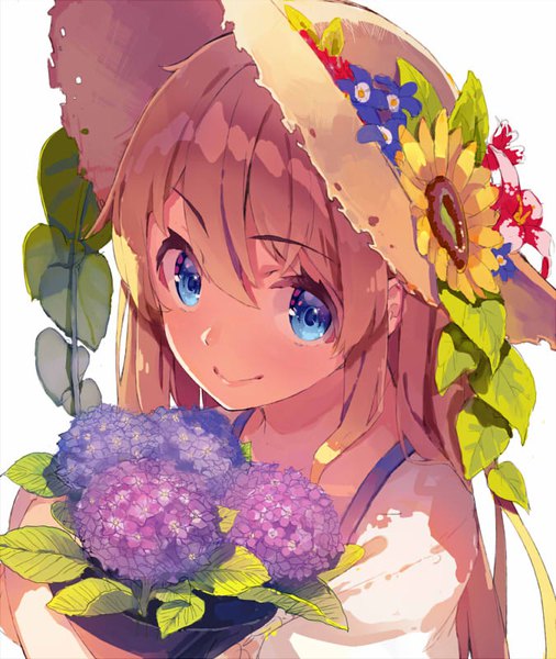 Anime picture 675x800 with original yasumo (kuusouorbital) single long hair tall image looking at viewer fringe blue eyes simple background blonde hair smile hair between eyes white background from above shadow portrait girl flower (flowers) hat straw hat