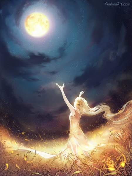 Anime picture 1000x1333 with original yuumei single long hair tall image blonde hair standing bare shoulders signed cloud (clouds) outdoors very long hair profile hair flower wind night arms up from below night sky magic