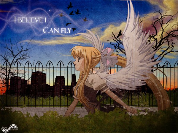 Anime picture 1600x1200 with air key (studio) kamio misuzu filo05 single open mouth blonde hair signed looking away sky cloud (clouds) outdoors ponytail very long hair :d profile city cityscape third-party edit white wings