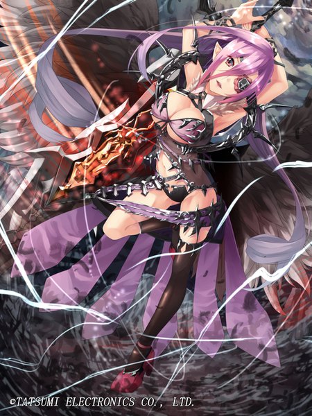 Anime picture 975x1300 with demono crusade ~fantasy drop 2.0~ saraki single long hair tall image looking at viewer fringe breasts light erotic hair between eyes large breasts standing purple hair bent knee (knees) head tilt pink eyes arms up official art underboob leg lift (legs lift)