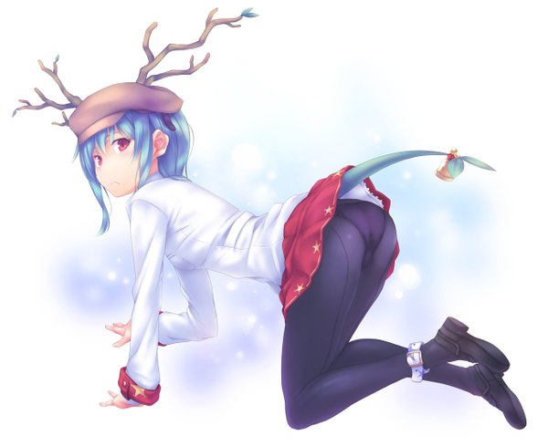 Anime picture 1274x1040 with original nanakusa short hair light erotic simple background red eyes white background blue hair full body ass tail horn (horns) snowing soles on all fours upskirt girl skirt underwear panties