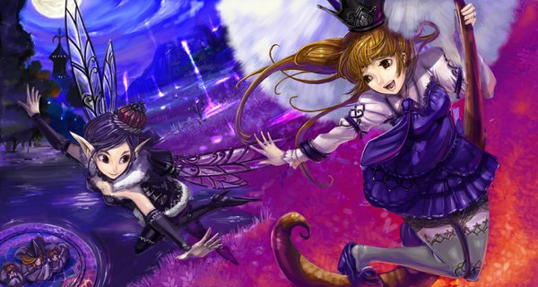 Anime picture 1025x547 with original nyoxion long hair short hair open mouth smile red eyes brown hair wide image bare shoulders multiple girls purple hair ponytail light smile pointy ears flying girl dress 2 girls wings