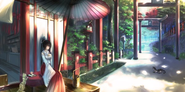 Anime picture 2500x1248 with original kikivi long hair highres black hair wide image sitting ponytail eyes closed traditional clothes miko girl plant (plants) animal tree (trees) umbrella cat torii