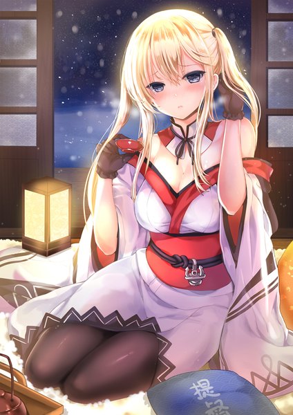 Anime picture 709x1004 with kantai collection graf zeppelin (kantai collection) mafuyu single long hair tall image looking at viewer blush blue eyes blonde hair twintails traditional clothes japanese clothes girl gloves pantyhose black gloves kimono