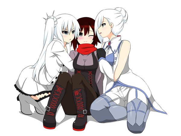 Anime picture 3885x2914 with rwby rooster teeth ruby rose weiss schnee winter schnee shikniful blush fringe highres short hair breasts simple background hair between eyes white background sitting bare shoulders multiple girls payot looking away absurdres