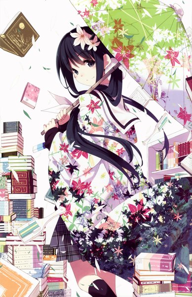 Anime picture 3035x4676 with hanayamata madhouse nishimikado tami hamayumiba sou single long hair tall image looking at viewer blush fringe highres black hair smile standing twintails holding absurdres pleated skirt looking back hair flower