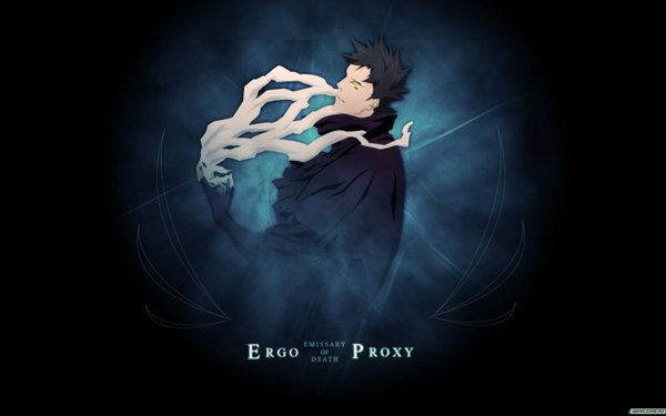 Anime picture 1680x1050 with ergo proxy vincent law single short hair black hair wide image black background dark background boy cloak mask
