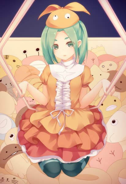 Anime picture 1100x1600 with nisemonogatari shaft (studio) monogatari (series) ononoki yotsugi shokuyou mogura single tall image looking at viewer short hair green eyes green hair girl dress toy stuffed animal